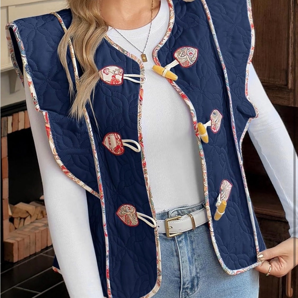 NWT Navy Quilted Puffer Sleeveless Vest with Colorful Accents Small buttons